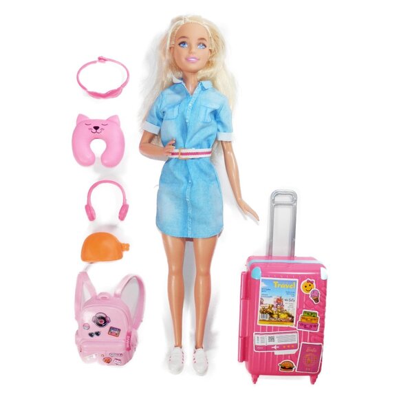2018 Barbie Travel Themed Doll With Pink Suitcase Backpack Neck Pillow FWV25 - Picture 1 of 11